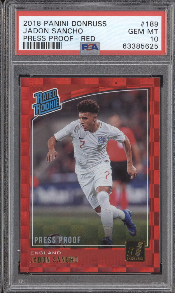 Jadon Sancho 2018-19 Panini Donruss Soccer 189 Press Proof Red RC PSA 10