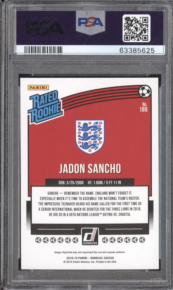 Jadon Sancho 2018-19 Panini Donruss Soccer 189 Press Proof Red RC PSA 10