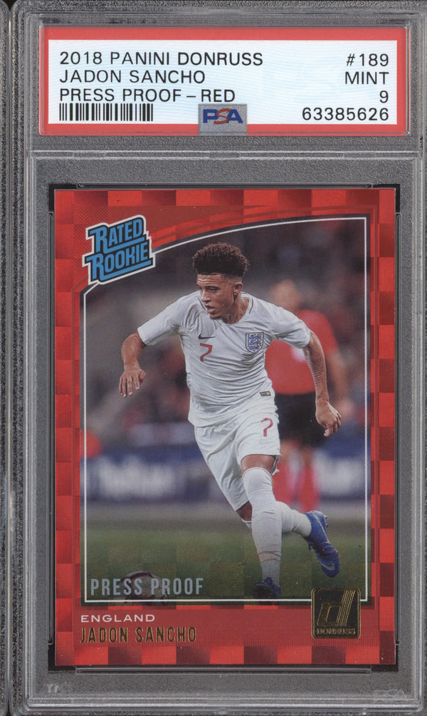 Jadon Sancho 2018-19 Panini Donruss Soccer 189 Press Proof Red RC PSA 9