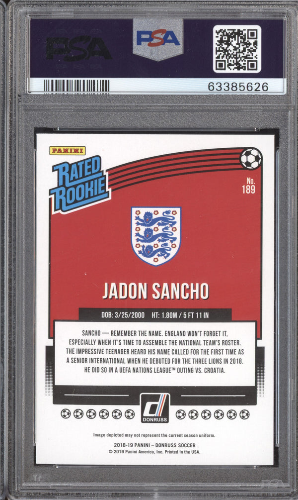 Jadon Sancho 2018-19 Panini Donruss Soccer 189 Press Proof Red RC PSA 9