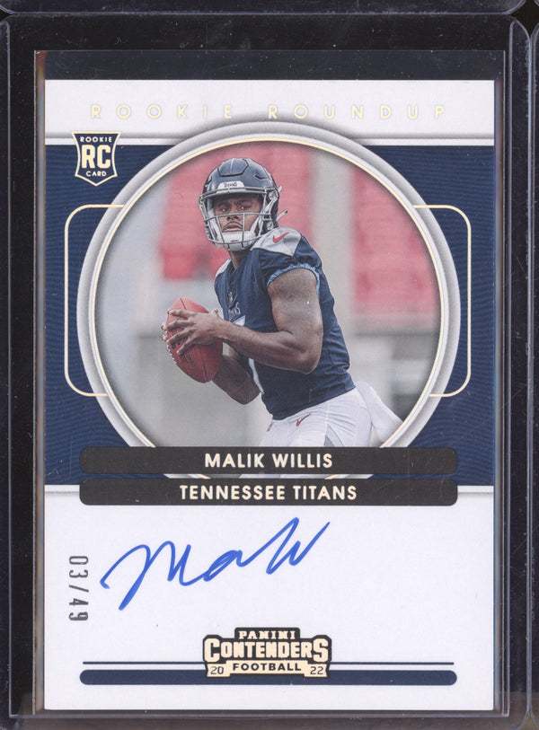 Malik Willis 2022 Panini Contenders RRA-MWI Rookie Roundup Auto RC 3/49