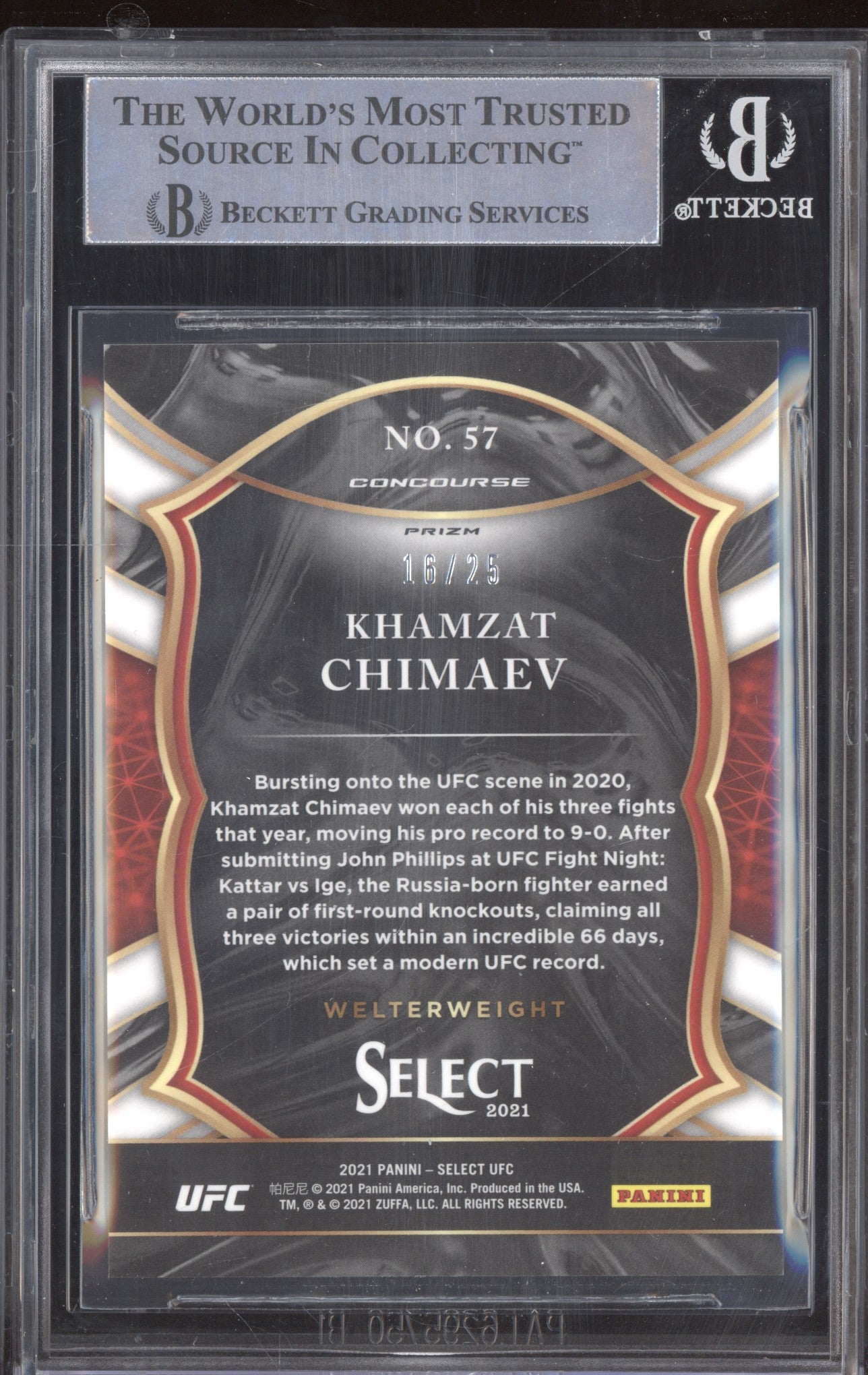 Khamzat Chimaev 2021 Panini Select UFC 57 Concourse Tie Dye RC 16/25 BGS 9