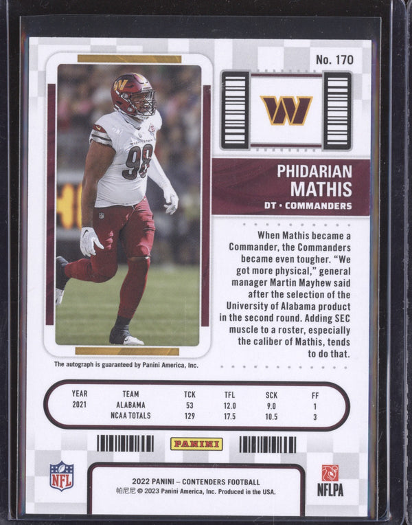 Phidarian Mathis 2022 Panini Contenders 170 Rookie Ticket Auto RC