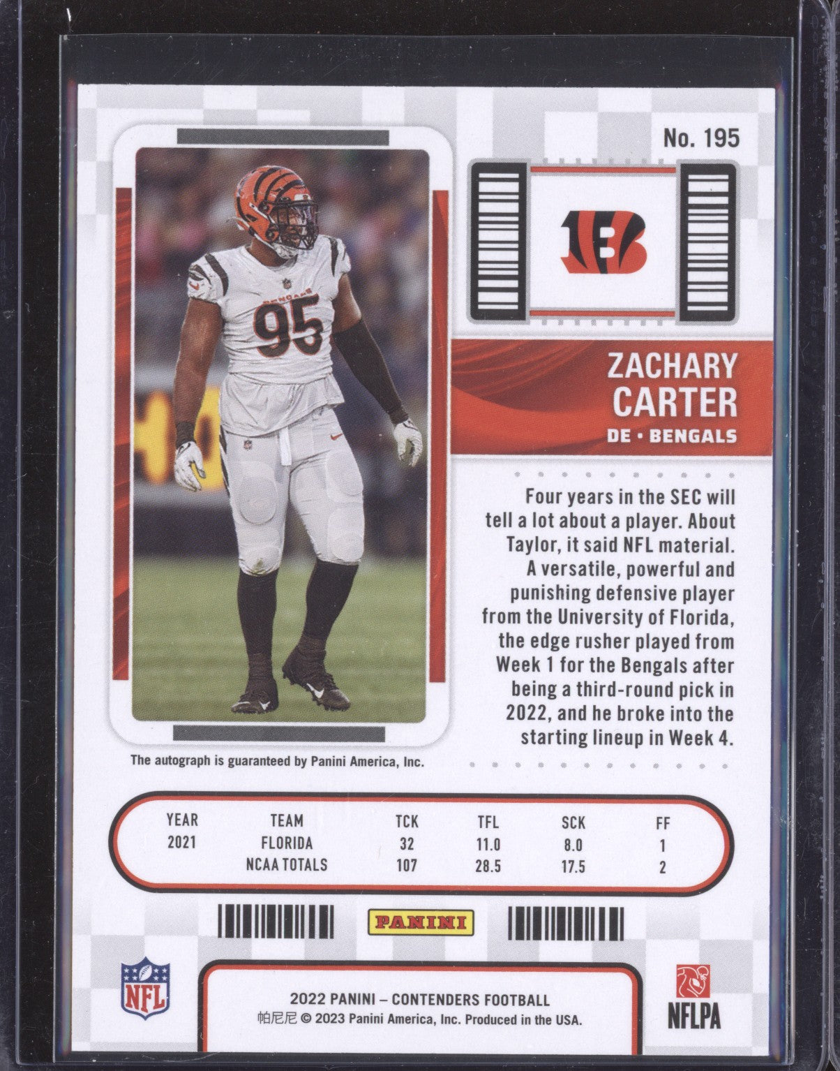 Zachary Carter 2022 Panini Contenders 195 Rookie Ticket Auto RC