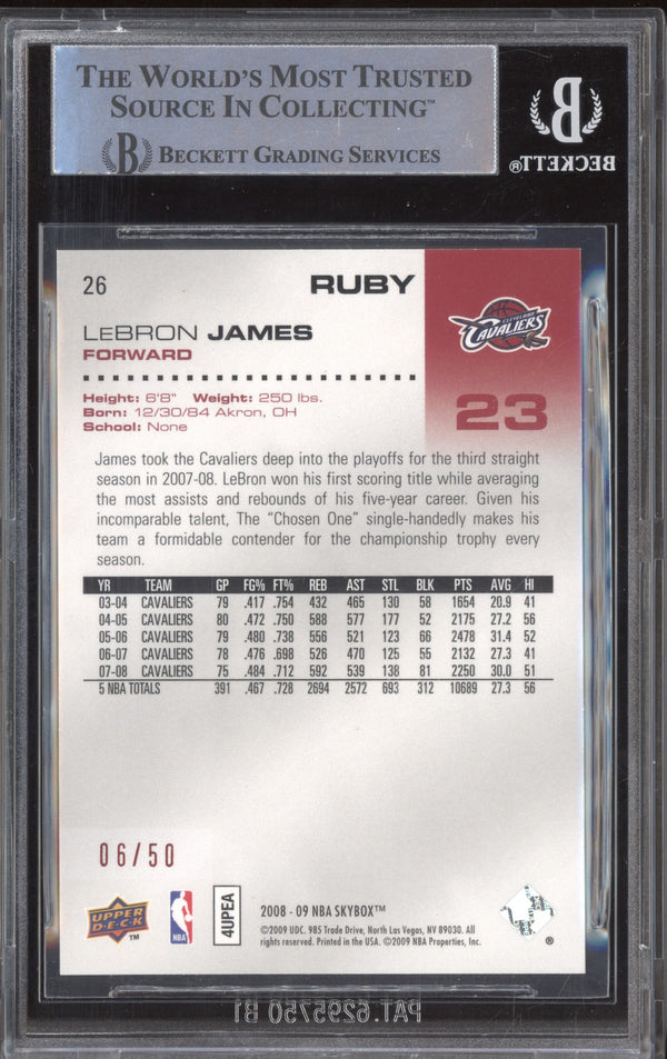 LeBron James 2008-09 Upper Deck Skybox 26 Ruby 06/50 BGS 9 Jersey Numbered