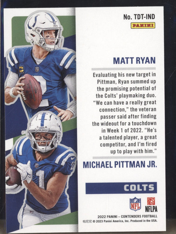 Matt Ryan Michael Pittman Jr 2022 Panini Contenders TDT-IND Touchdown Tandems