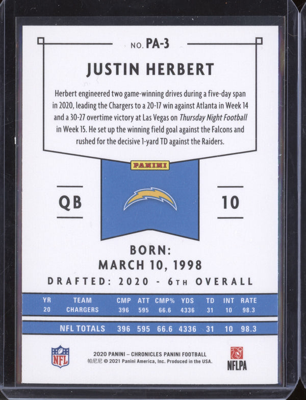 Justin Herbert 2020 Panini Chronicles PA-3 Panini RC