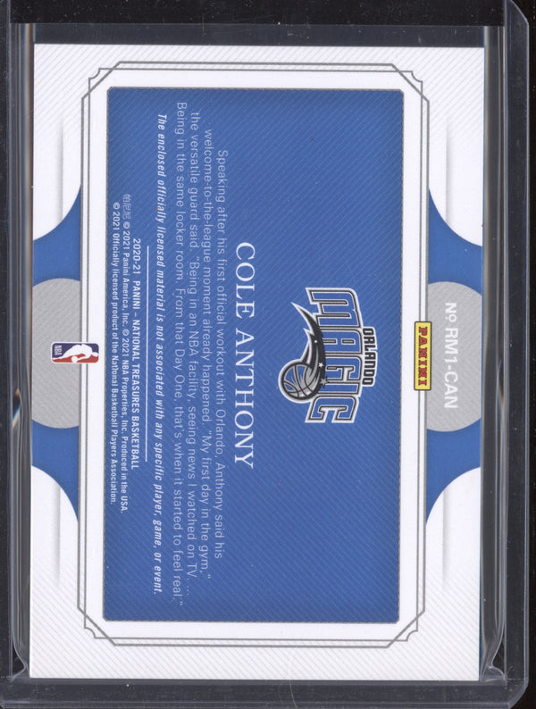 Cole Anthony 2020-21 Panini National Treasures RM1-CAN Rookie Materials Jersey RC 86/99