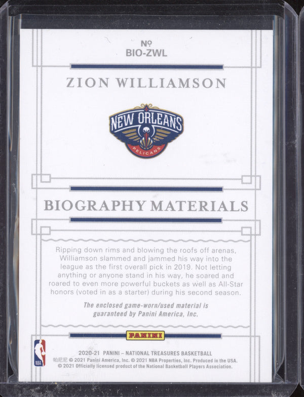 Zion Williamson 2020-21 Panini National Treasures BIO-ZWL Biography Materials 44/99