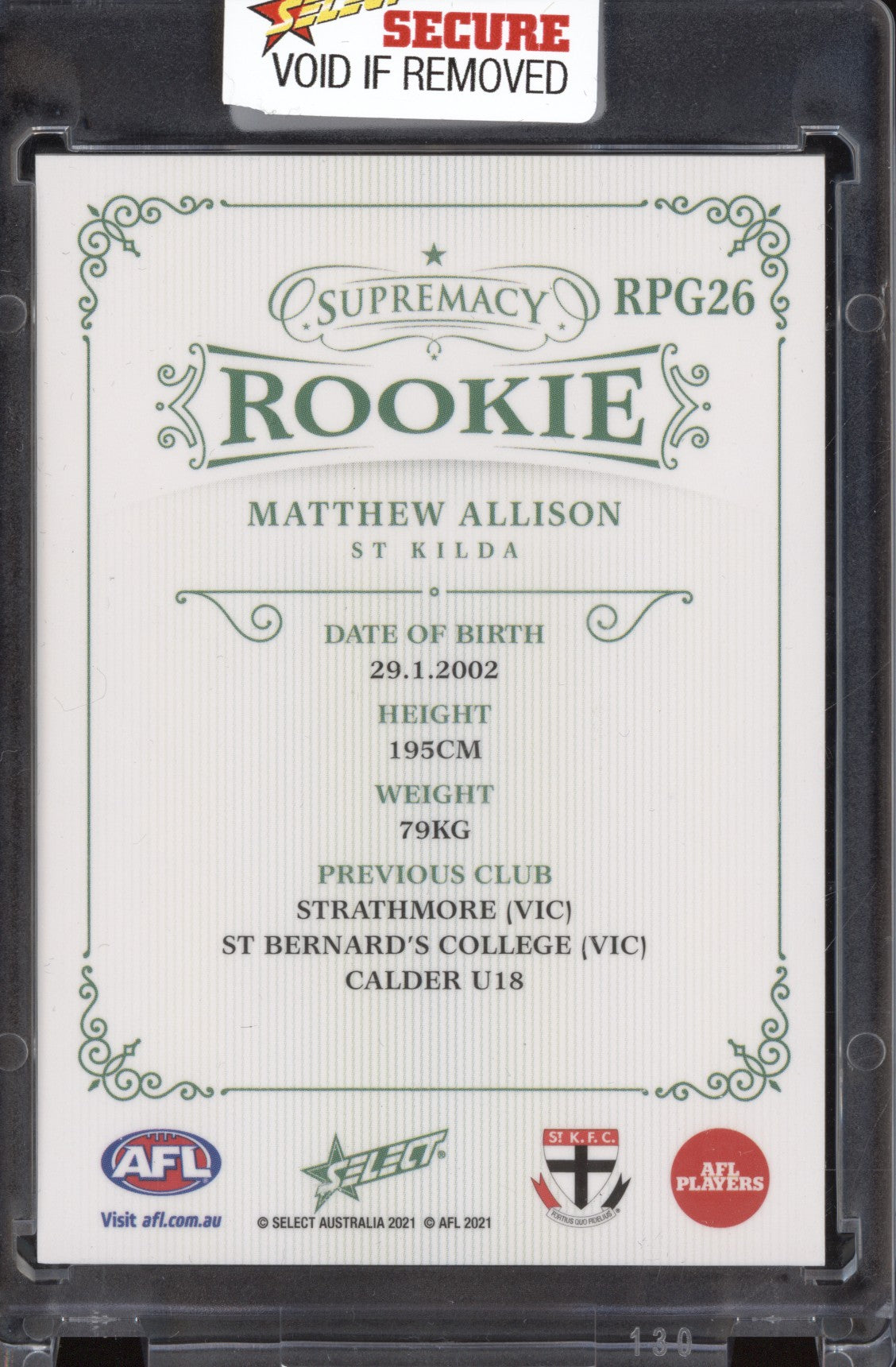 Matthew Allison 2021 Select Supremacy Green Rookie RC 24/25