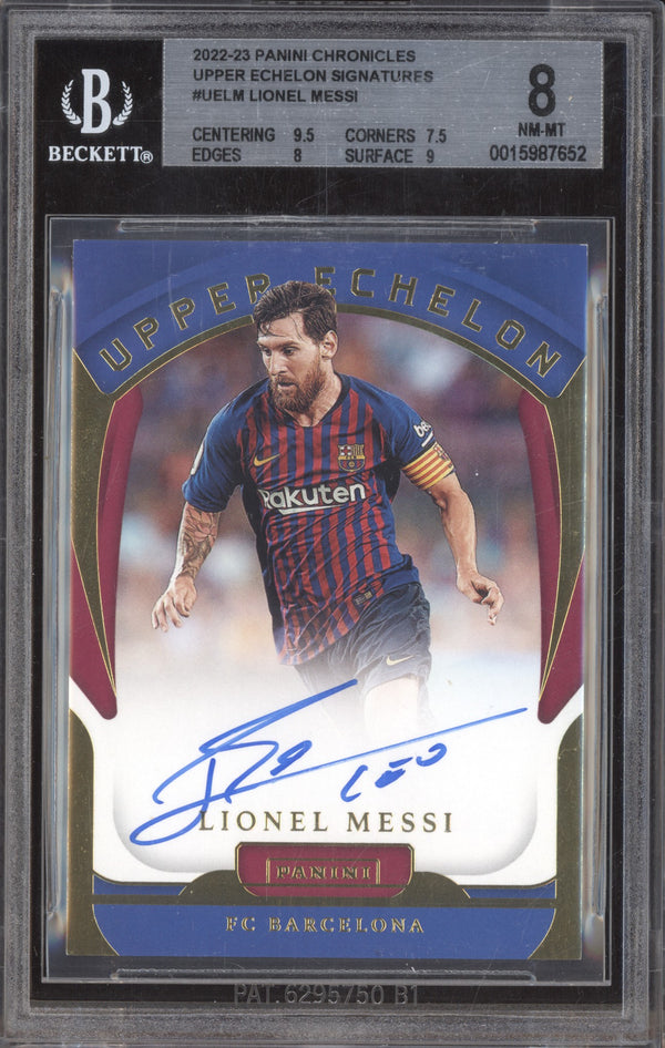 Lionel Messi 2022-23 Panini Chronicles UE-LM Upper Echelon Signatures Auto BGS 8