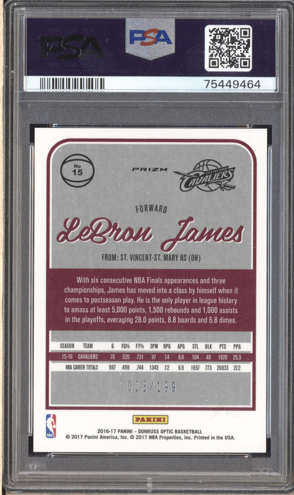 LeBron James 2016-17 Panini Donruss Optic 15 Orange Jersey Number 23/199 PSA 10