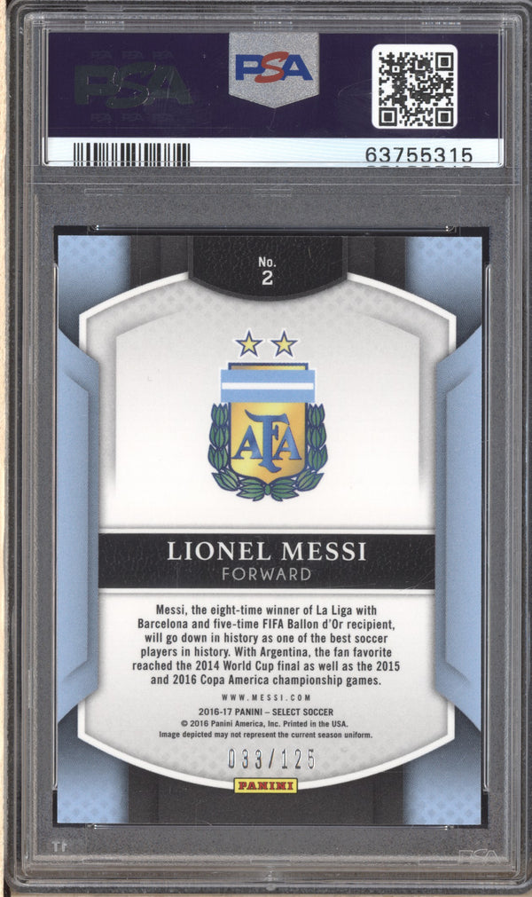 Lionel Messi 2016-17 Panini Select Soccer 2 Neon Yellow 33/125 PSA 10