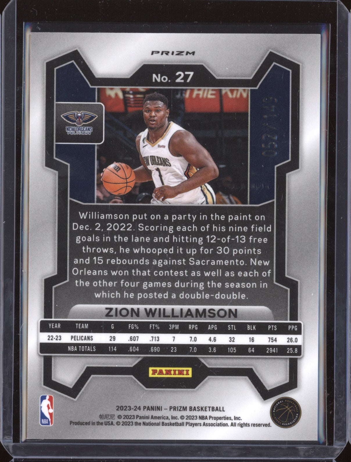 Zion Williamson 2023-24 Panini Prizm 27 Purple Ice 52/149