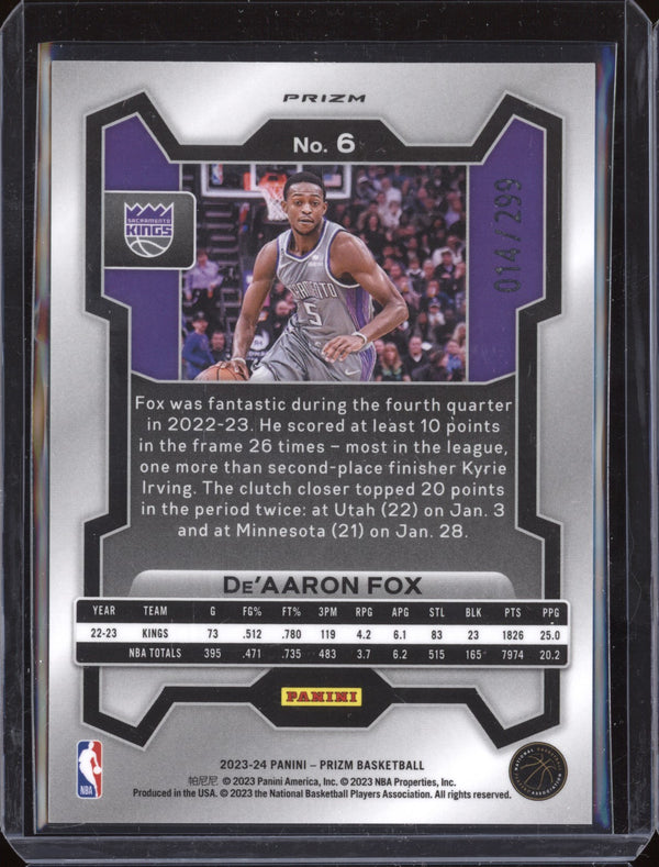 De'Aaron Fox 2023-24 Panini Prizm 6 Red 14/299