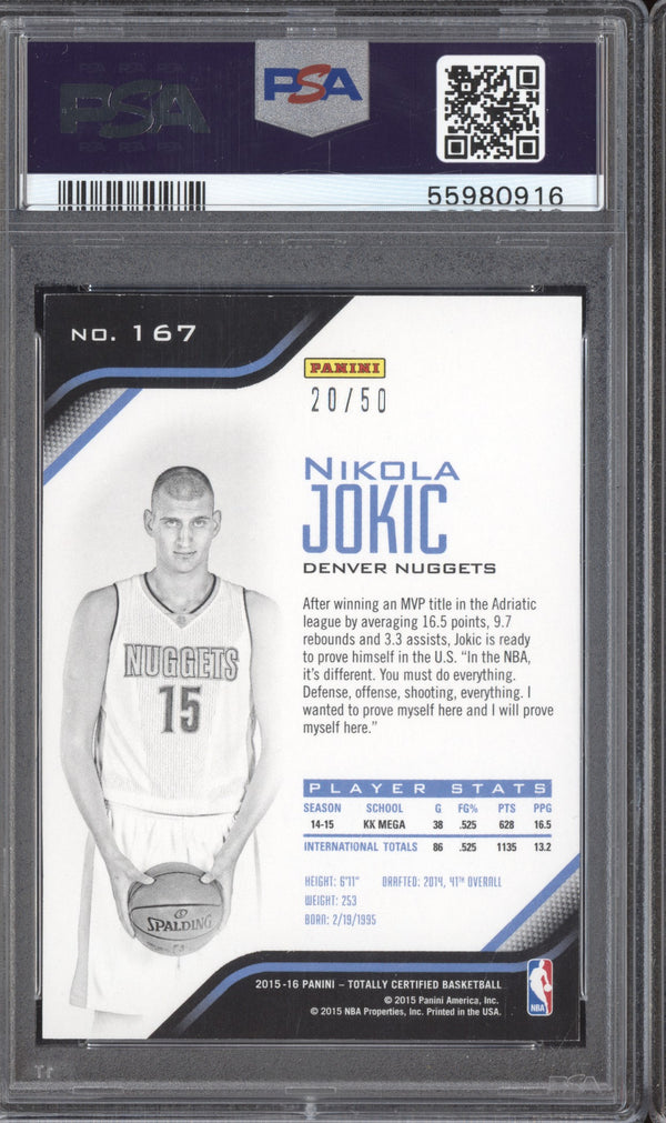 Nikola Jokic 2015-16 Panini Totally Certified 167 Mirror Purple RC 20/50 PSA 8