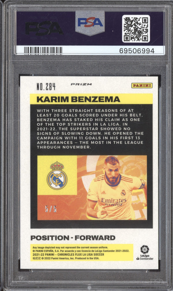 Karim Benzema 2021-22 Panini Chronicles Soccer 284 Flux La Liga Green 5/5 PSA 9