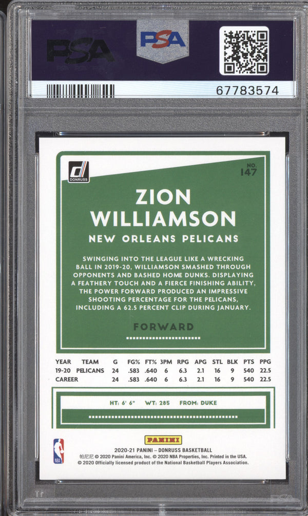 Zion Williamson 2020-21 Panini Donruss 147 Choice Gold 6/10 PSA 9