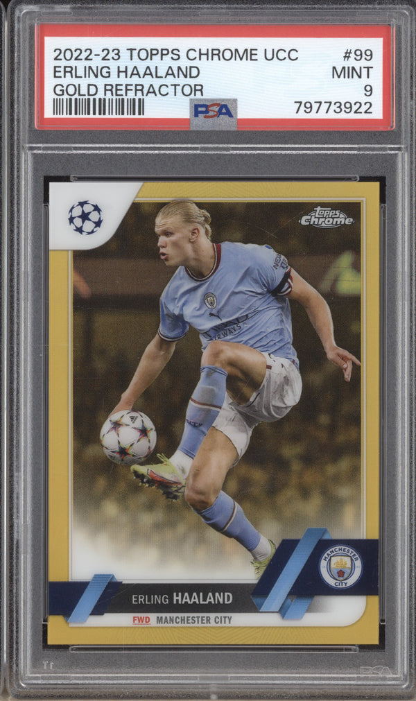 Erling Haaland 2022-23 Topps Chrome UEFA Club Gold Refractor 28/50 Pop 1 PSA 9