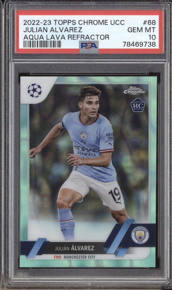 Julian Alvarez 2022-23 Topps Chrome UEFA Club 68 Aqua Lava RC Pop 1 PSA 10