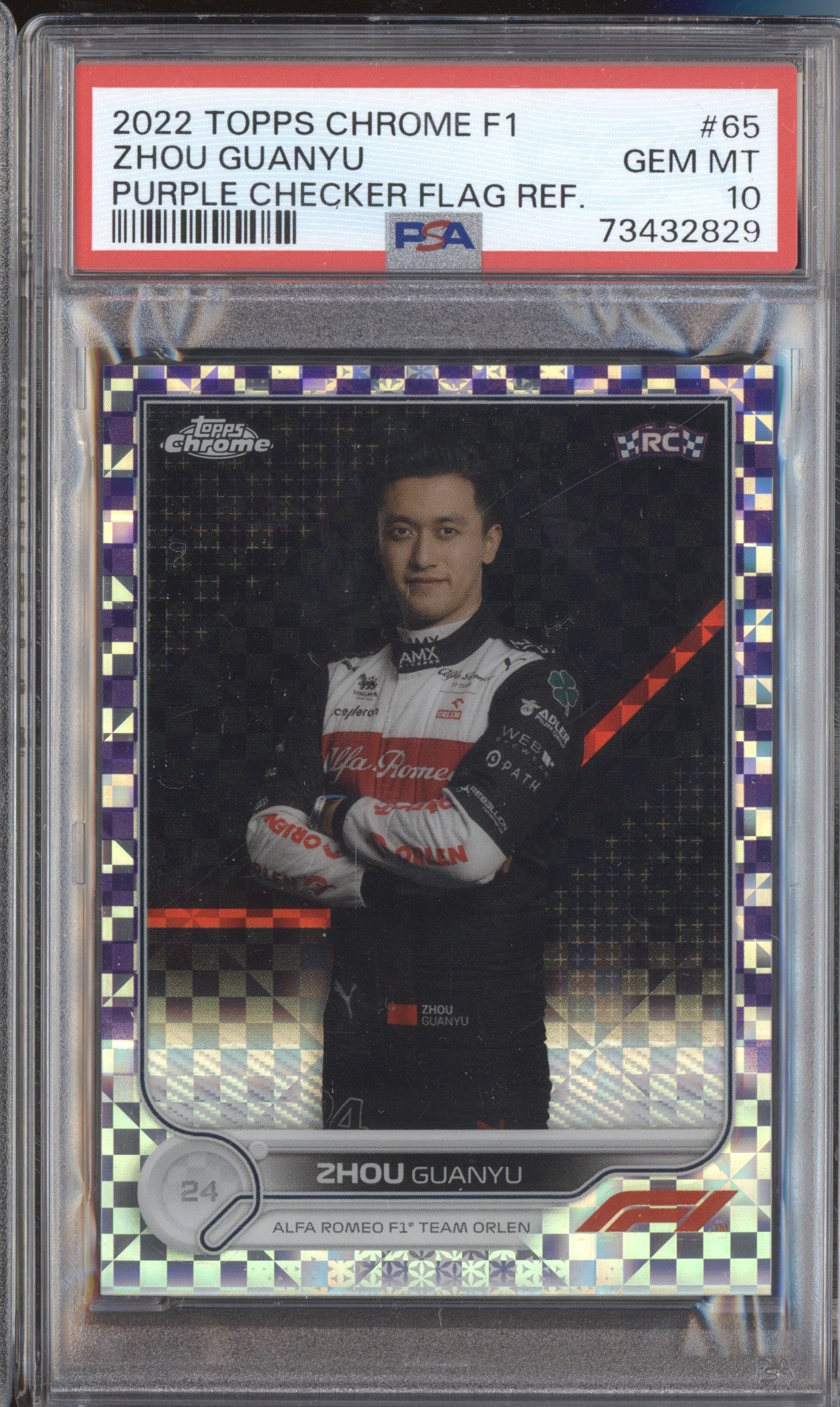 Zhou Guanyu 2022 Topps Chrome Formula 1 65 Purple Checker Flag RC 161/199 PSA 10