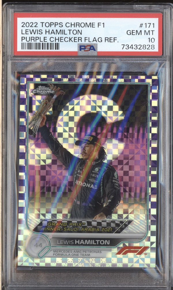 Lewis Hamilton 2022 Topps Chrome Formula 1 171 Purple Checker Flag 31/199 PSA 10