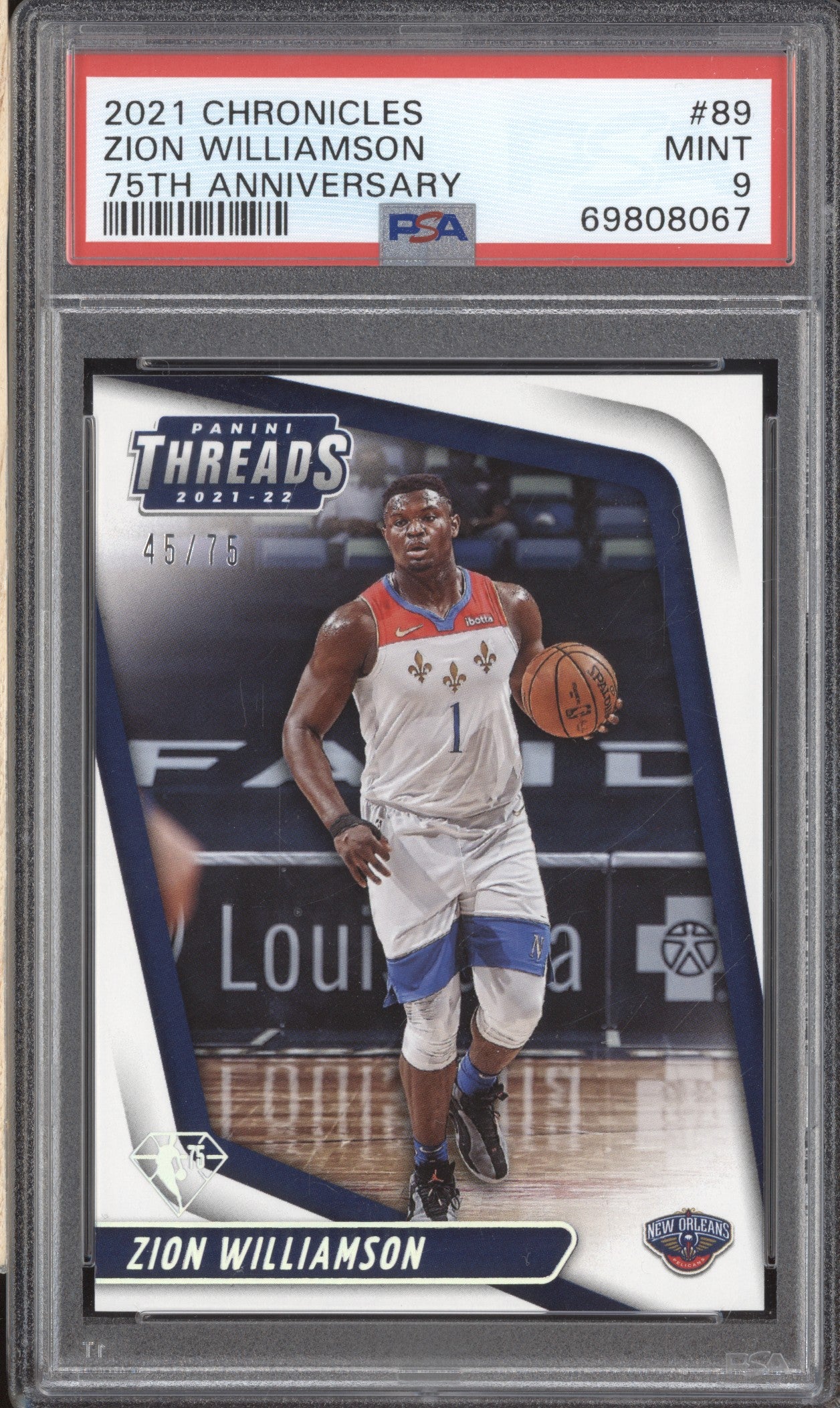 Zion Williamson 2021-22 Panini Chronicles 89 Threads 75th Anniversary 45/75 PSA 9