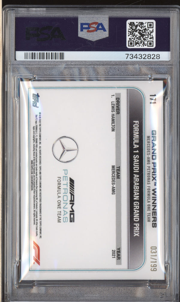 Lewis Hamilton 2022 Topps Chrome Formula 1 171 Purple Checker Flag 31/199 PSA 10