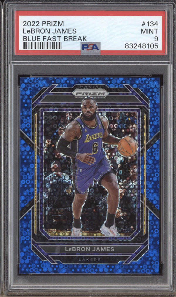 LeBron James 2022-23 Panini Prizm 134 Fast Break Blue 102/150 PSA 9