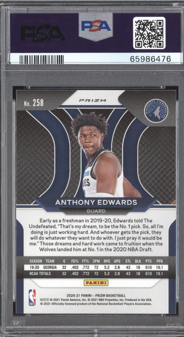 Anthony Edwards 2020 Panini Prizm 258 Blue Wave Prizm RC PSA 9