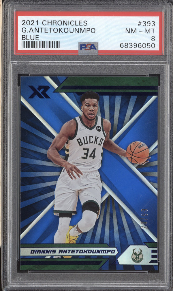 Giannis Antetokounmpo 2021-22 Panini Chronicles 393 XR Blue 20/99 PSA 8