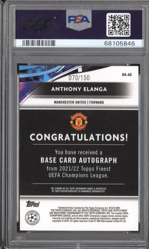 Anthony Elanga 2021-22 Topps Finest UCL BA-AE Auto Blue Refractor RC 70/150 PSA 10/10