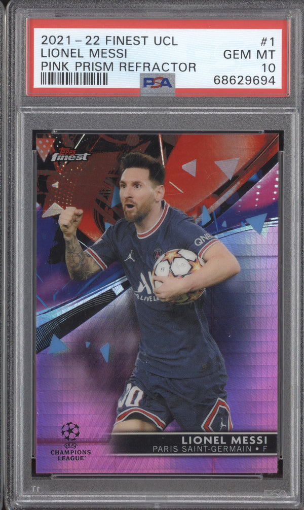 Lionel Messi 2021-22 Topps Finest UCL 1 Pink Prism 105/125 PSA 10