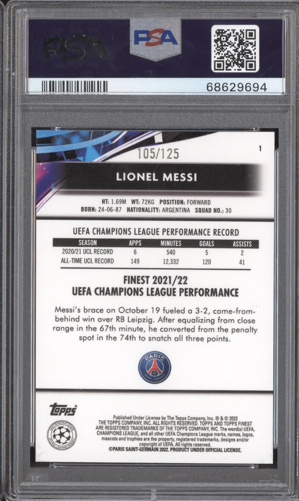 Lionel Messi 2021-22 Topps Finest UCL 1 Pink Prism 105/125 PSA 10