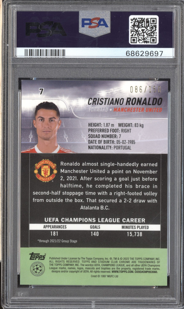 Cristiano Ronaldo 2021-22 Topps Stadium Club Chrome UCL 7 Green Refractor 86/150 PSA 10