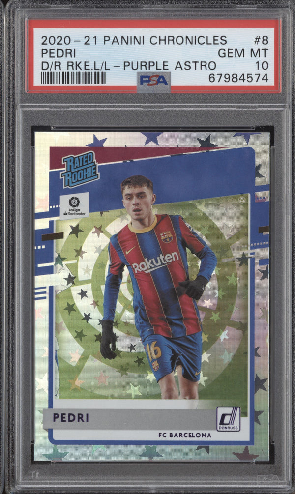 Pedri 2020-21 Panini Chronicles Soccer 8 Donruss Purple Astro RC PSA 10