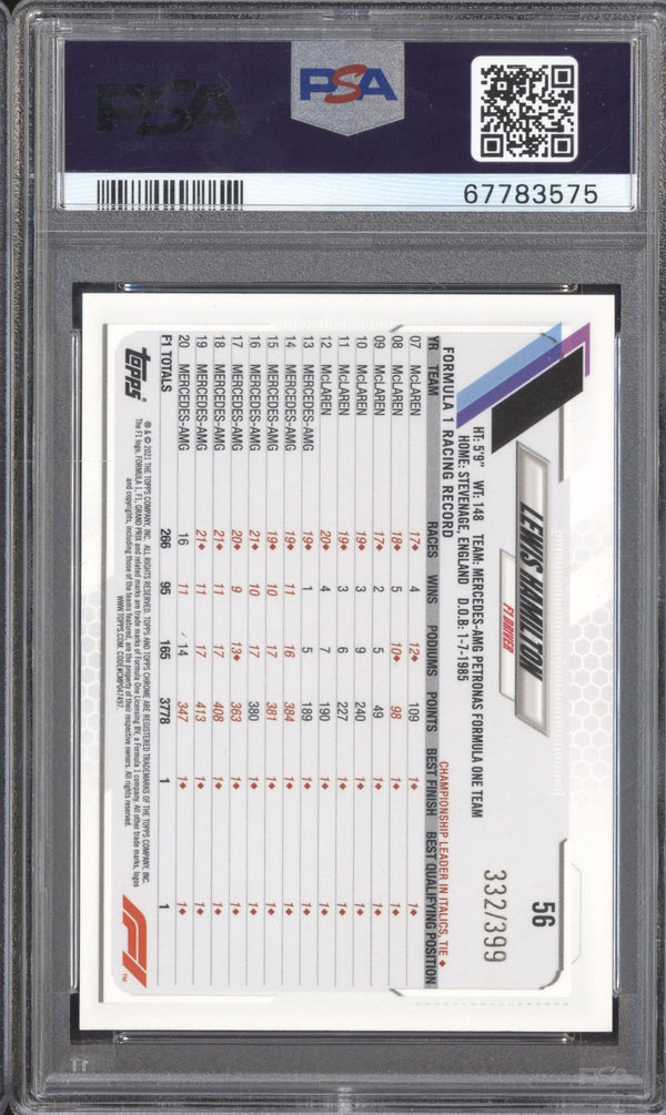 Lewis Hamilton 2021 Topps Chrome Formula One 56 Purple Refractor 332/399 PSA 10