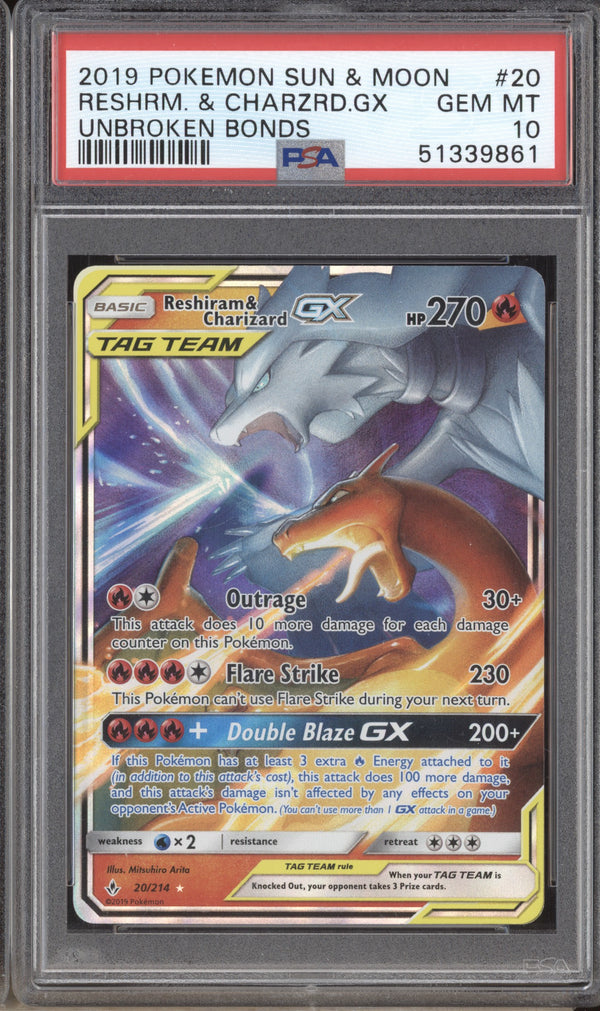 Reshiram & Charizard GX 2019 Pokemon Unbroken Bonds 20/214 Full Art PSA 10