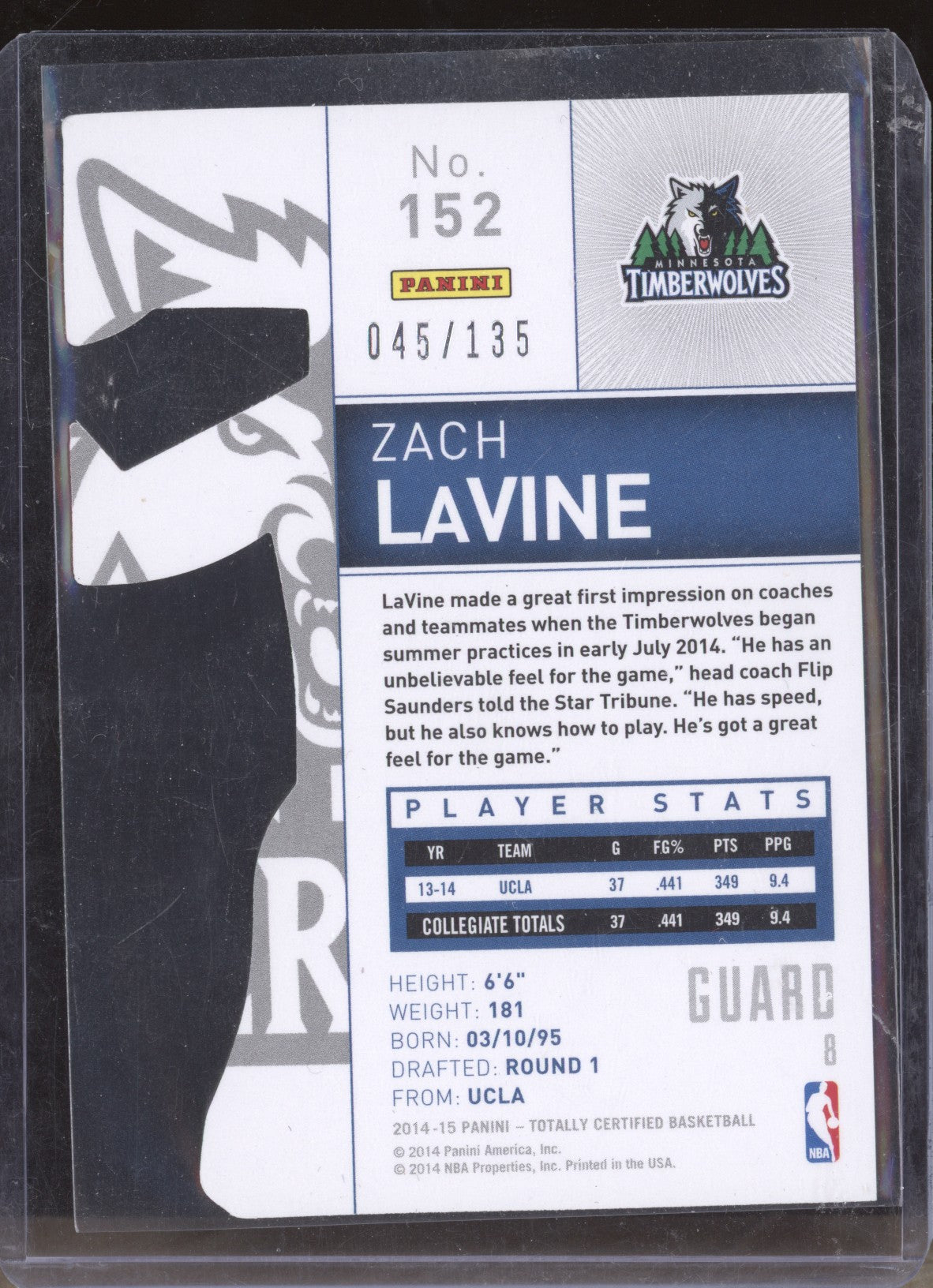 Zach Lavine  2014-15 Panini Totally Certified Mirror Red Die Cut RC 45/135  RKO