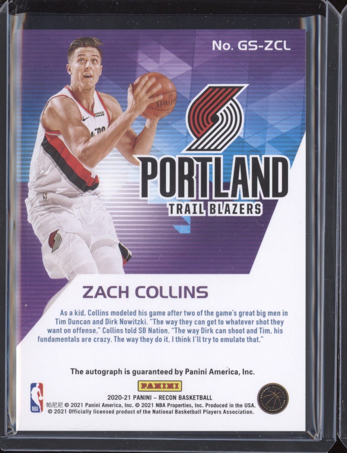 Zach Collins 2020-21 Panini  Recon GS-ZCL Glorified Signatures