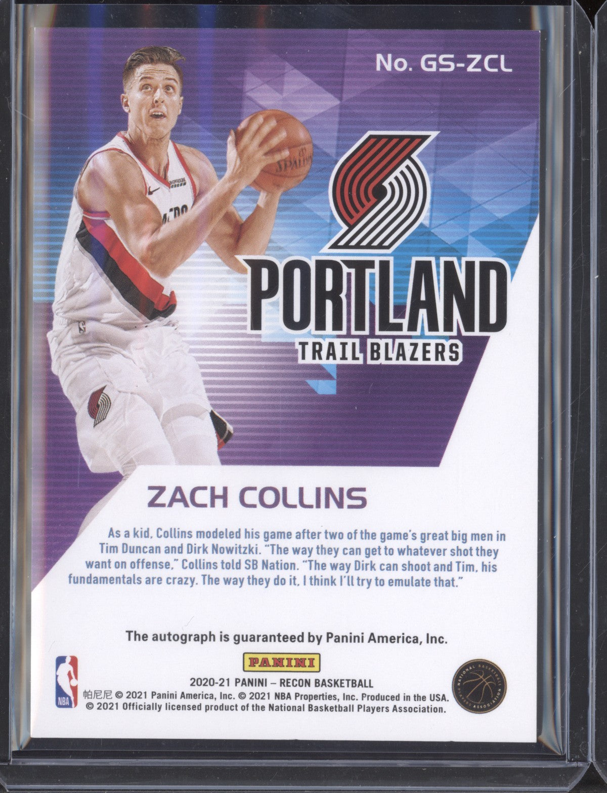 Zach Collins 2020-21 Panini  Recon GS-ZCL Glorified Signatures Blue 2/49