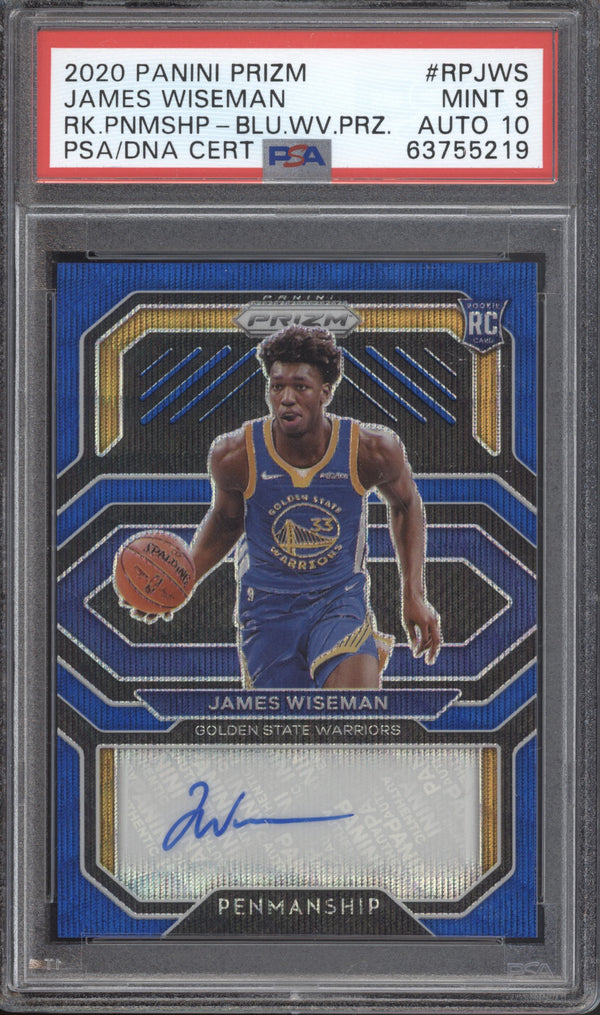 James Wiseman 2020 Panini Prizm Rookie Penmanship Blue Wave RC PSA 9/10