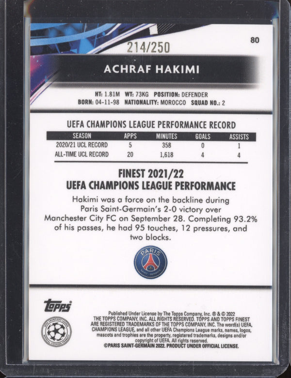 Achraf Hakimi 2021-22 Topps Finest UCL 80 Yellow Refractor 214/250