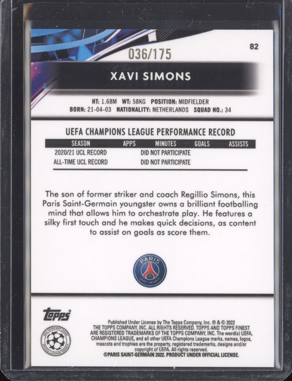 Xavi Simons 2021-22 Topps Finest UCL 82 Speckle Refractor 36/175