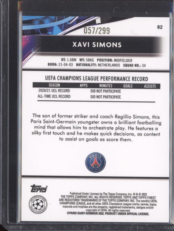 Xavi Simons 2021-22 Topps Finest UCL 82 Purple Refractor 57/299