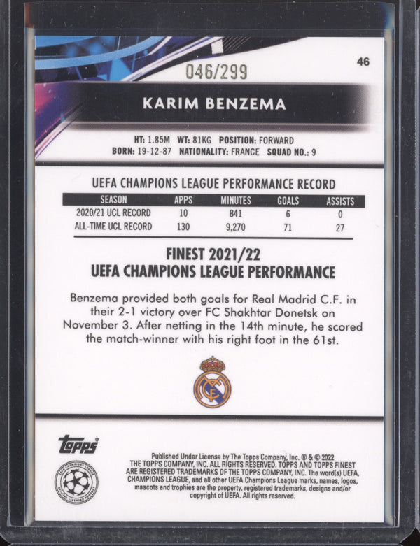 Karim Benzema 2021-22 Topps Finest UCL 46 Purple Refractor 46/299