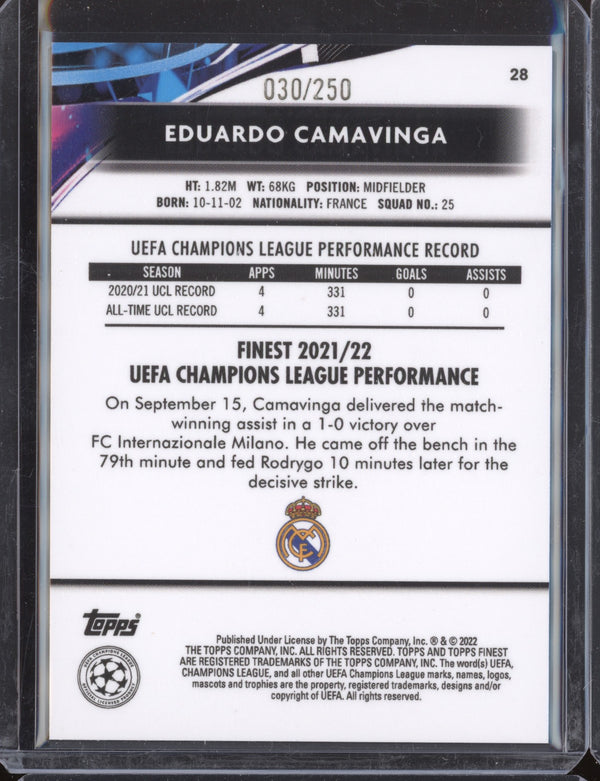 Eduardo Camavinga 2021-22 Topps Finest UCL 28 Yellow Refractor 30/250