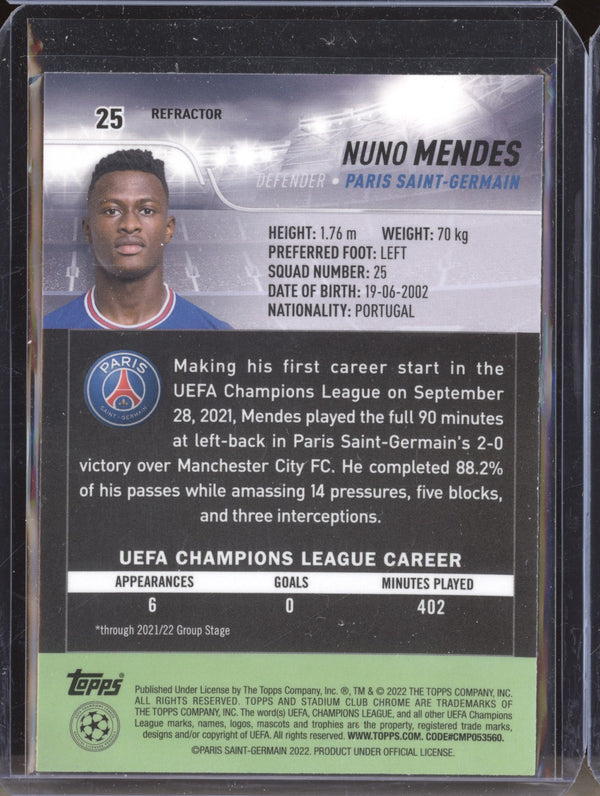 Nuno Mendes 2021-22 Topps Stadium Club Chrome UCL 25 Refractor RC