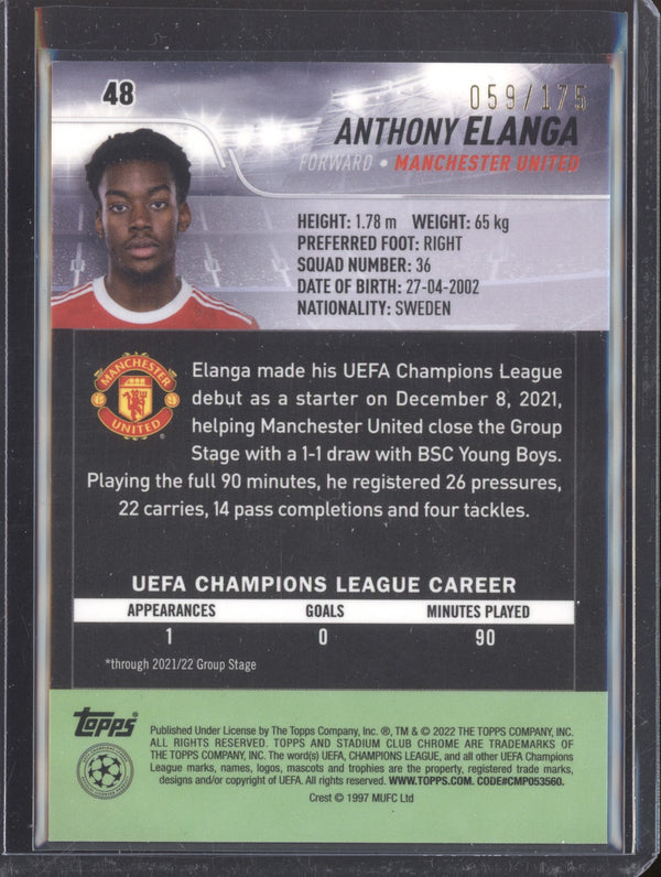 Anthony Elanga 2021-22 Topps Stadium Club Chrome UCL 48 Night Vision Refractor RC 59/175