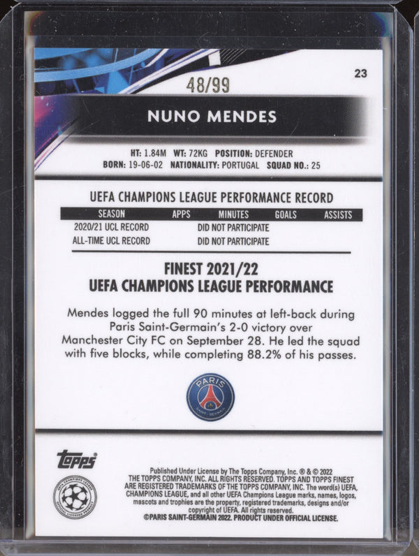 Nuno Mendes 2021-22 Topps Finest UCL 23 Blue Aqua Vaporwave Refractor RC 48/99